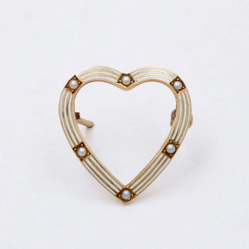 Edwardian Riker Brothers 14K Gold and White Enamel Heart Pin, Antique Brooch