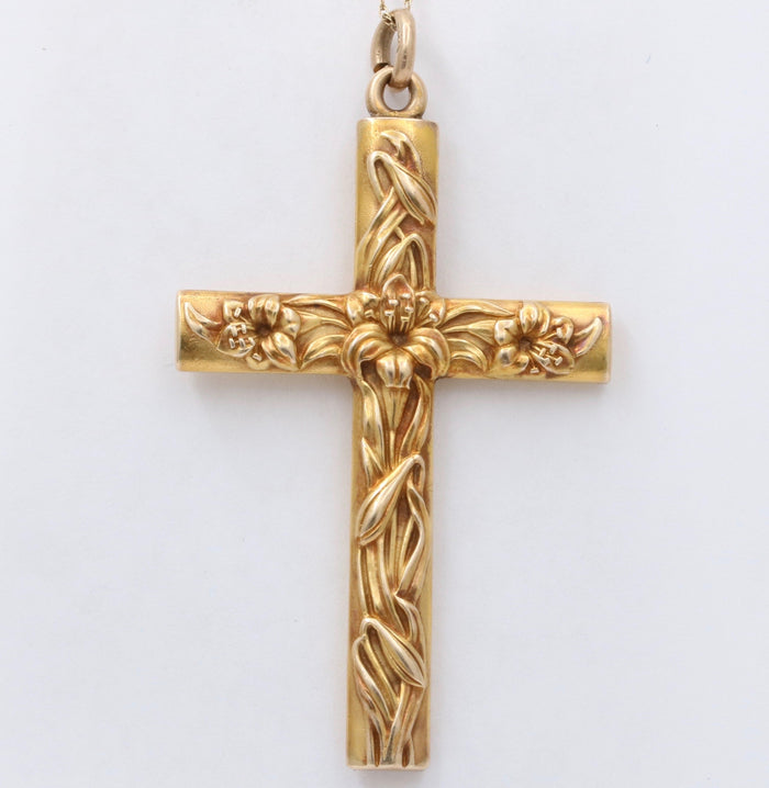 Large Art Nouveau 14K Gold Cross Pendant with Lilies