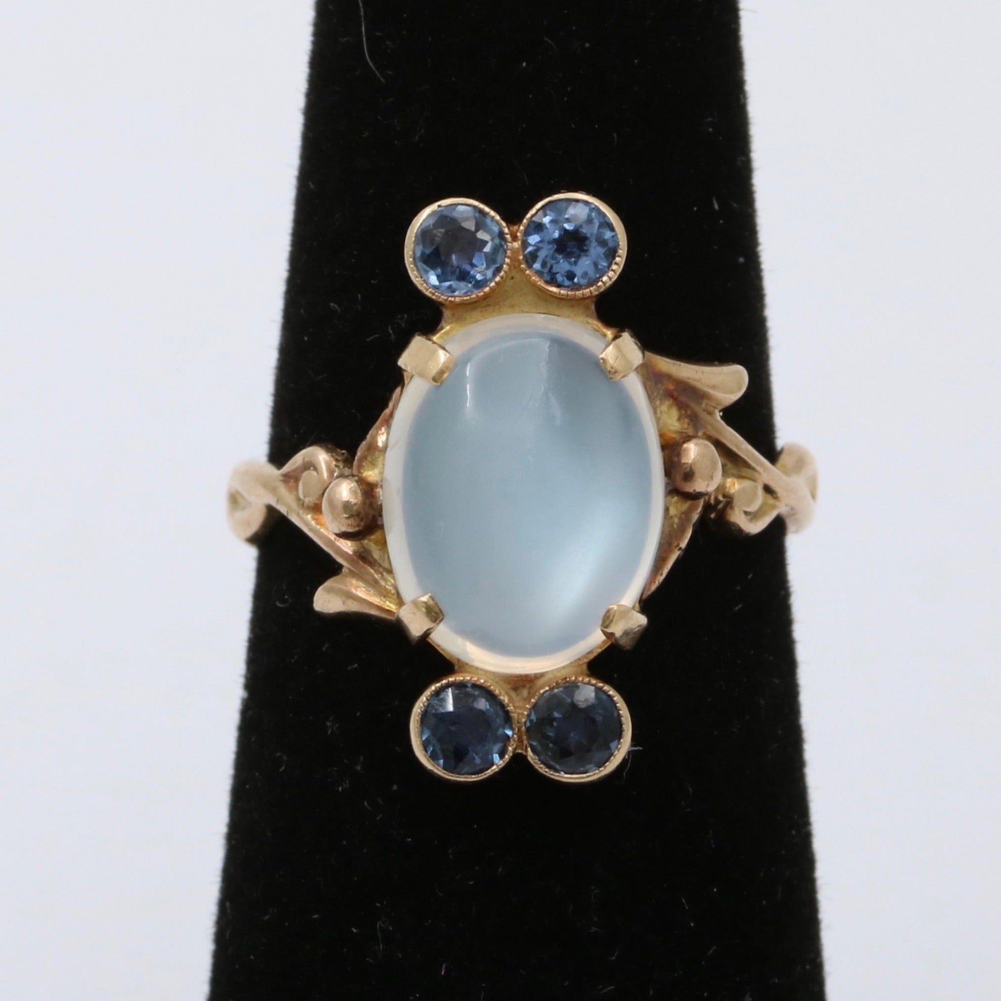 Vintage Moonstone and Sapphire 14K Gold Cluster Ring - Art Deco Jewelry  (1925-1940) - By Era - Jewelry