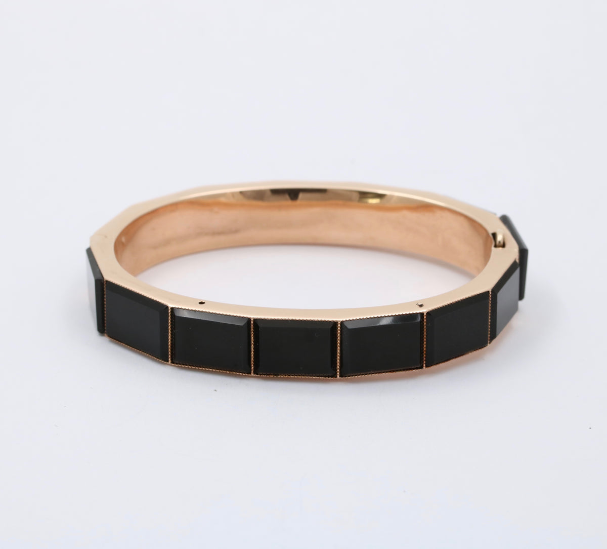 Victorian 14K Gold and Faceted Black Onyx Plaque Bangle, Hinged Bracelet