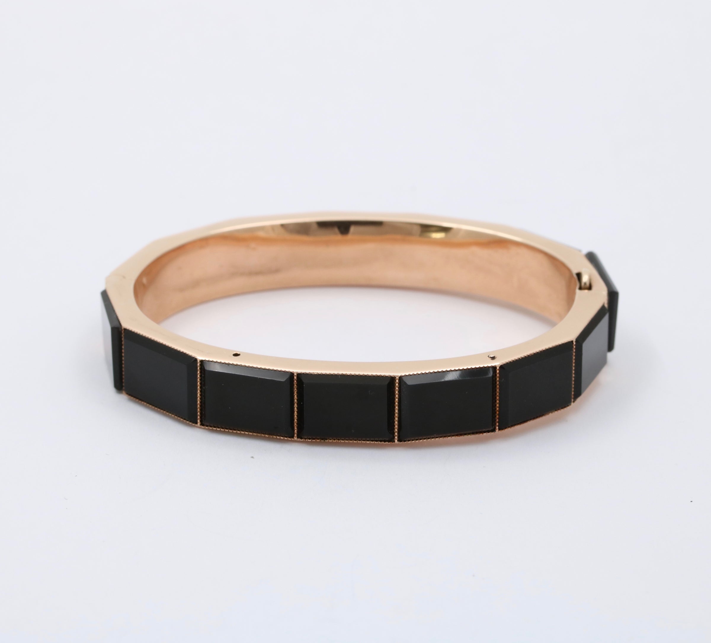 Victorian 14K Gold and Faceted Black Onyx Plaque Bangle, Hinged
