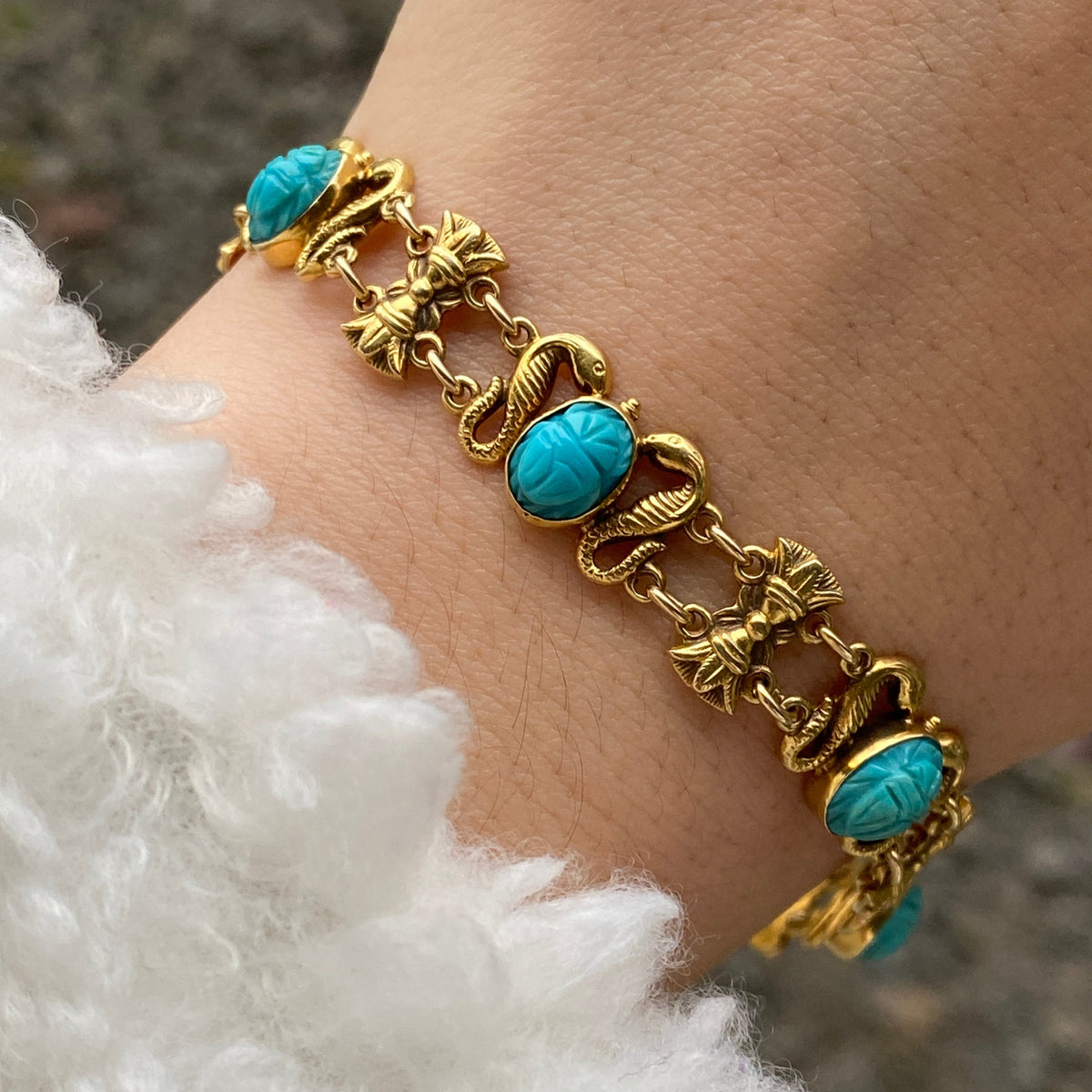 Victorian Egyptian Revival Carved Turquoise Scarab and 14K Gold Lotus, Snake Bracelet