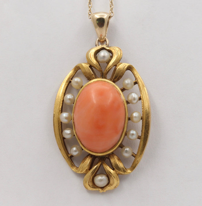 Art Nouveau 14K Gold Angel Skin Coral and Pearl Pendant, Antique Charm Conversion