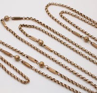 Antique English 9K Gold Belcher Trombone Link 61” Longuard Chain