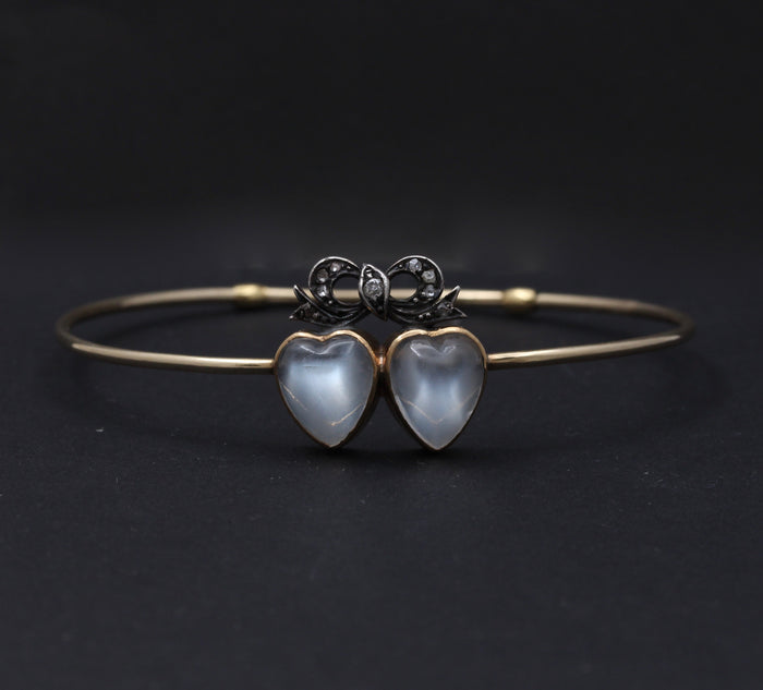 Antique Moonstone and Diamond Double Heart and Bow Bangle Bracelet