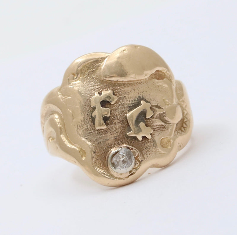 Art Deco 14K Gold and Diamond Monogrammed “FG” Shield Ring