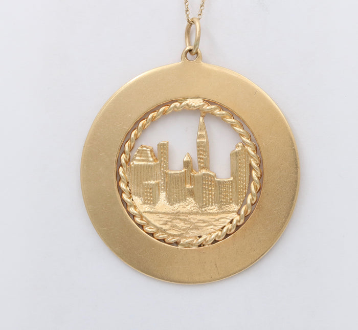 Large Vintage 14K Gold New York City Skyline Disc Charm