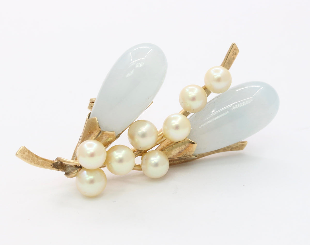 Vintage Ming’s Jade and Pearl 14K Gold Floral Brooch