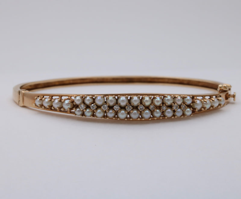 Vintage Pearl and Diamond 14K Gold Bangle Bracelet