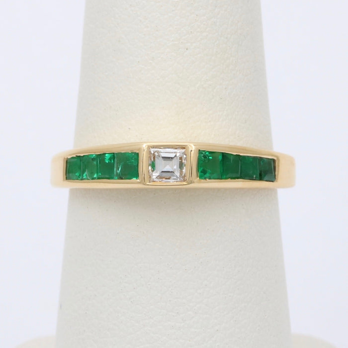 Carre Cut Diamond and Emerald 18K Gold Band, Stacking Ring