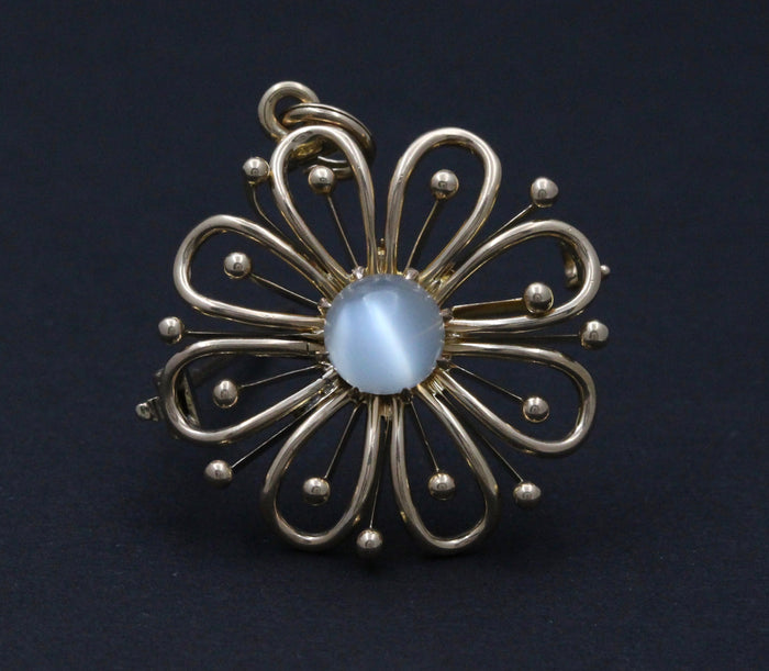 Vintage 14K Gold and Moonstone Flower Pendant, Pin