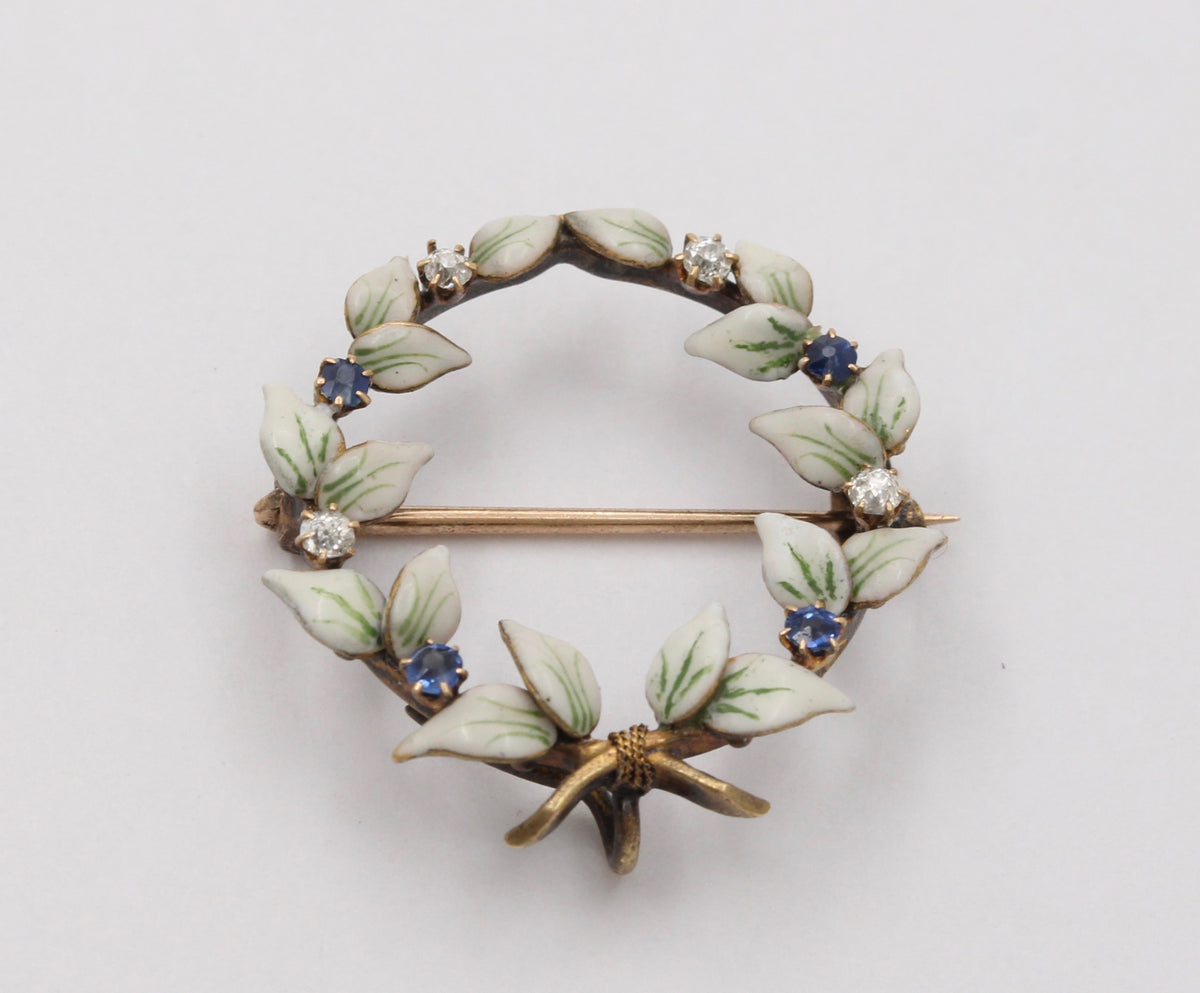 Art Nouveau Enamel, Diamond, and Sapphire Wreath Pin, Antique Fob