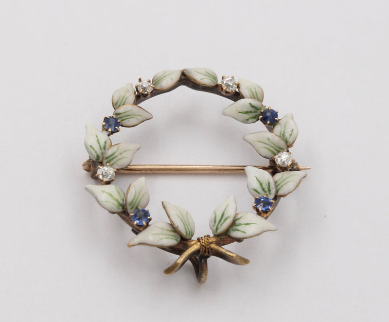 Art Nouveau Enamel, Diamond, and Sapphire Wreath Pin, Antique Fob