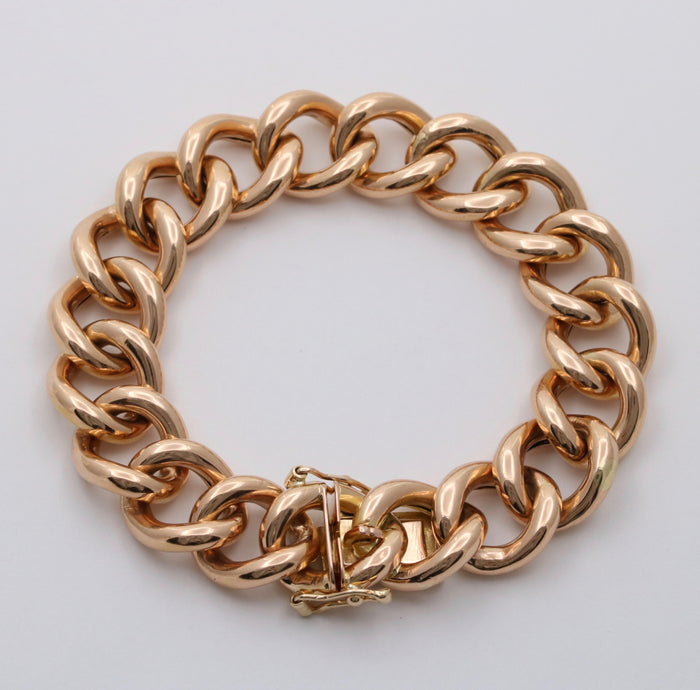 Large Vintage 18K Rose Gold Curb Link Bracelet, 7.5” Long