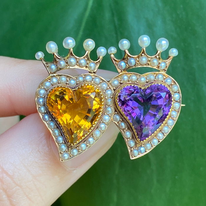 Victorian 15K Gold Citrine and Amethyst Witches' Heart Pin