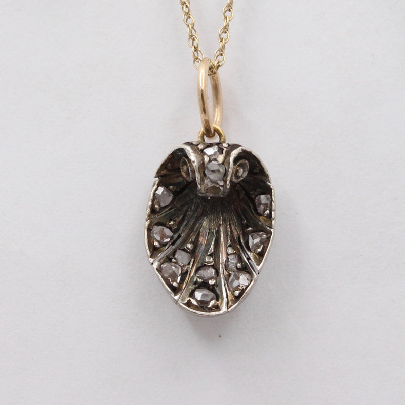 Victorian Rose Cut Diamond Seashell Charm, Antique Silver Pendant