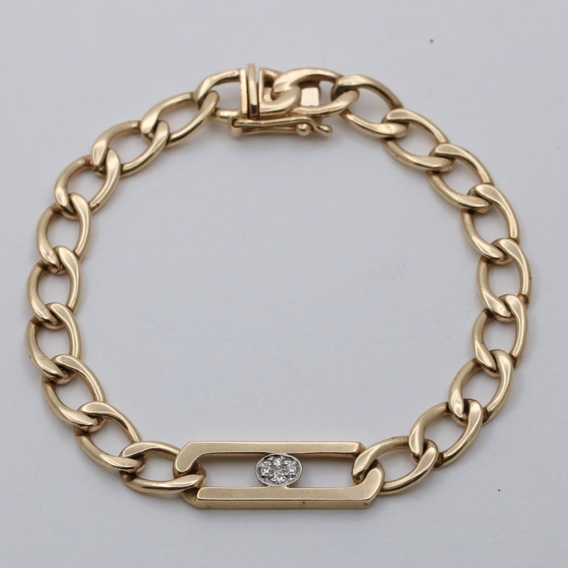Vintage 14K Gold and Diamond Flat Curb Link Bracelet, 6.5” Long