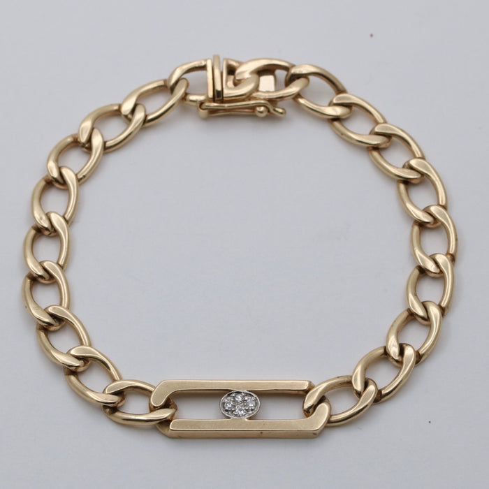 Vintage 14K Gold and Diamond Flat Curb Link Bracelet, 6.5” Long