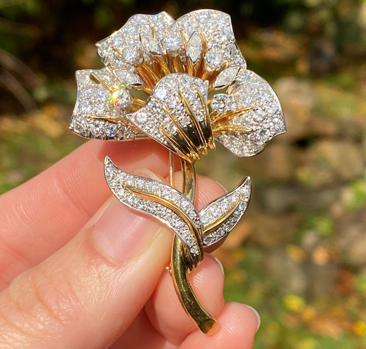 Vintage Floral Brooch Pin w/ Diamonds 14K Gold