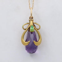 Art Nouveau Amethyst Briolette, Enamel, and 14K Gold Swirl Charm