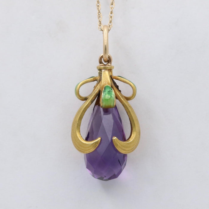 Art Nouveau Amethyst Briolette, Enamel, and 14K Gold Swirl Charm