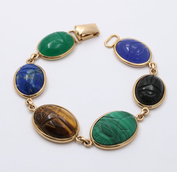 Vintage 14K Gold and Multicolor Carved Gemstone Scarab Bracelet