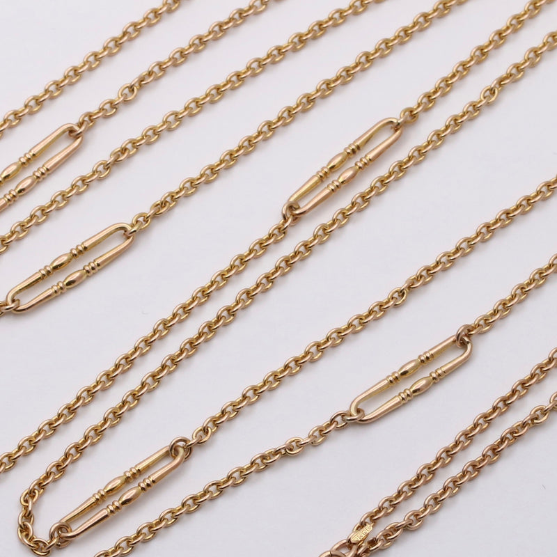 Antique 9K Gold Cable Link Trombone Longuard Chain, 53” Long