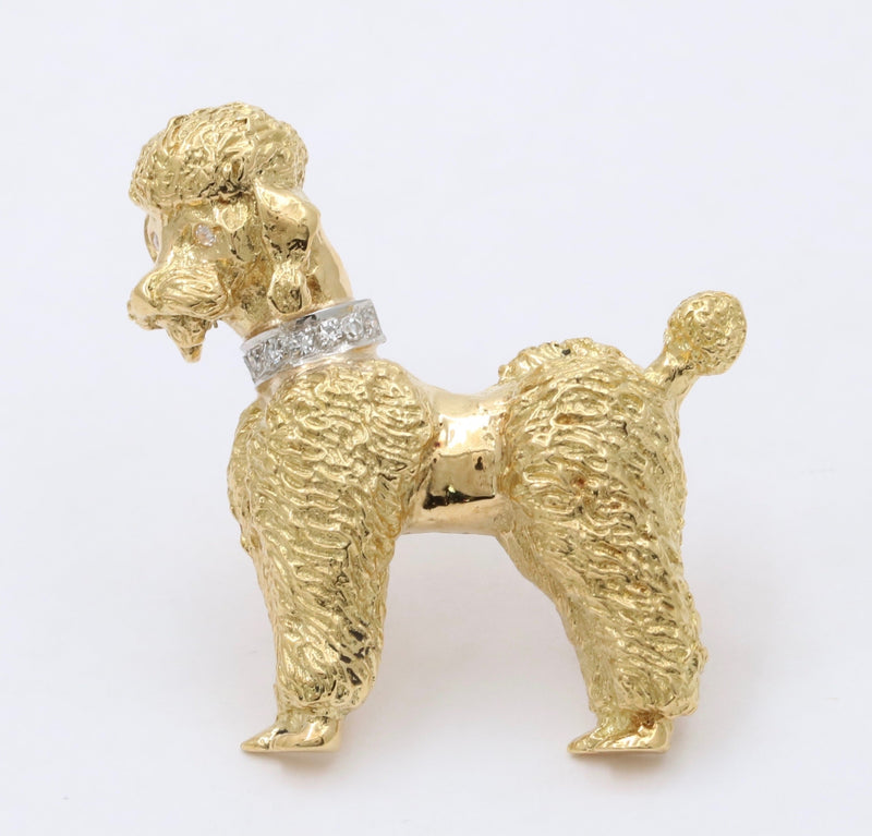 Vintage 18K Gold and Diamond Poodle Brooch, 16.7 Gram Dog Pin