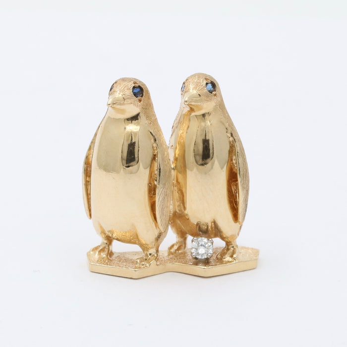 Vintage 14K Gold, Diamond, and Sapphire Pair of Penguins Brooch, Pin