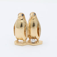 Vintage 14K Gold, Diamond, and Sapphire Pair of Penguins Brooch, Pin