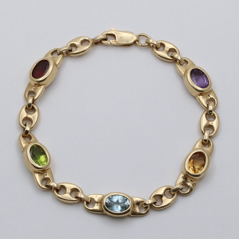 Vintage Multicolor Gemstone and 14K Gold Mariner Link Bracelet