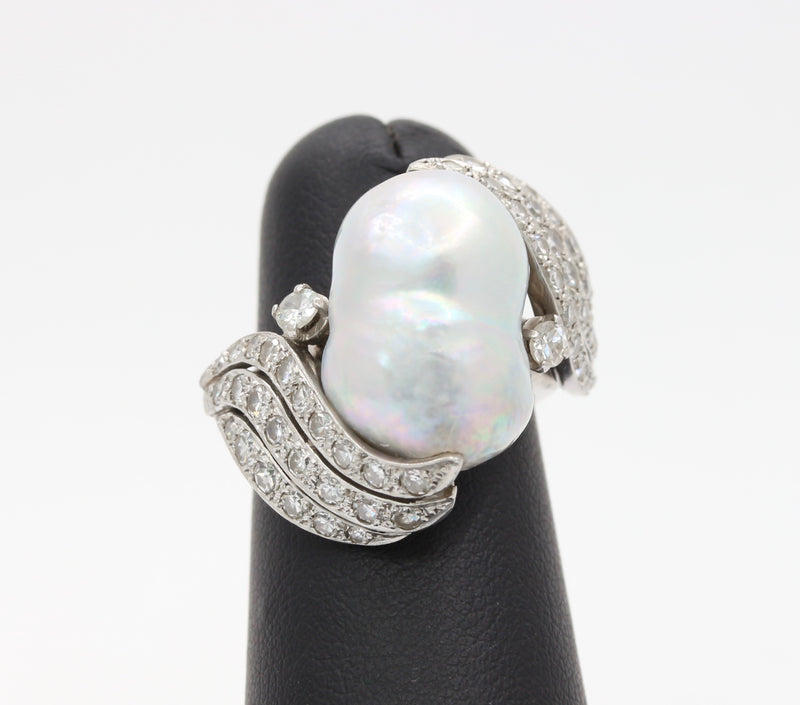 Vintage Baroque Pearl and 1 Carat Diamond Platinum Dinner Ring