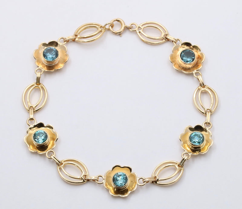 Vintage 14K Yellow Gold and Blue Zircon Floral Bracelet, 8 Inches