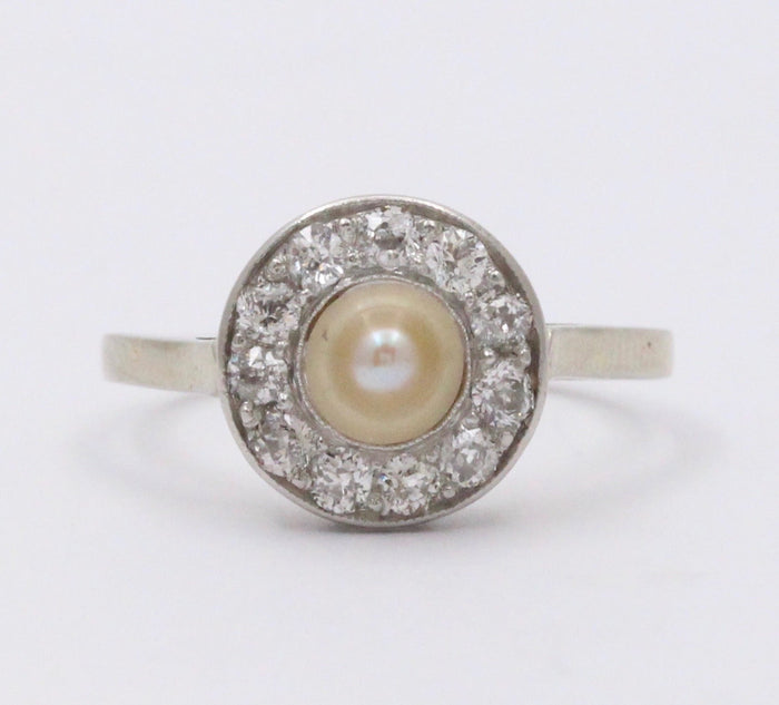 Art Deco Platinum and 14K Gold Pearl and Diamond Halo Ring