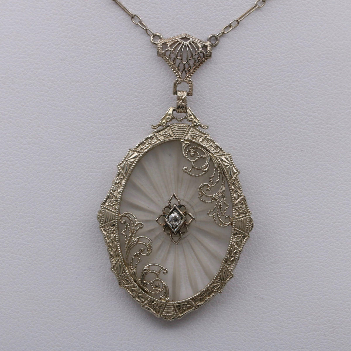 Art Deco Camphor Glass and Diamond 14K Gold Lavalier Necklace