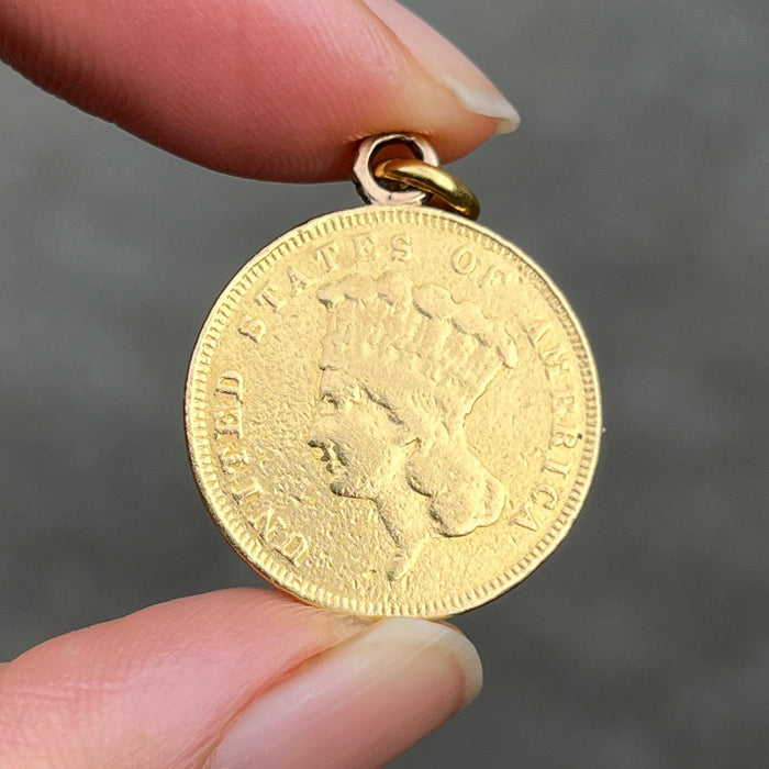 Antique 1855 S Indian Princess Head $3 Gold Coin, 22K Gold Charm