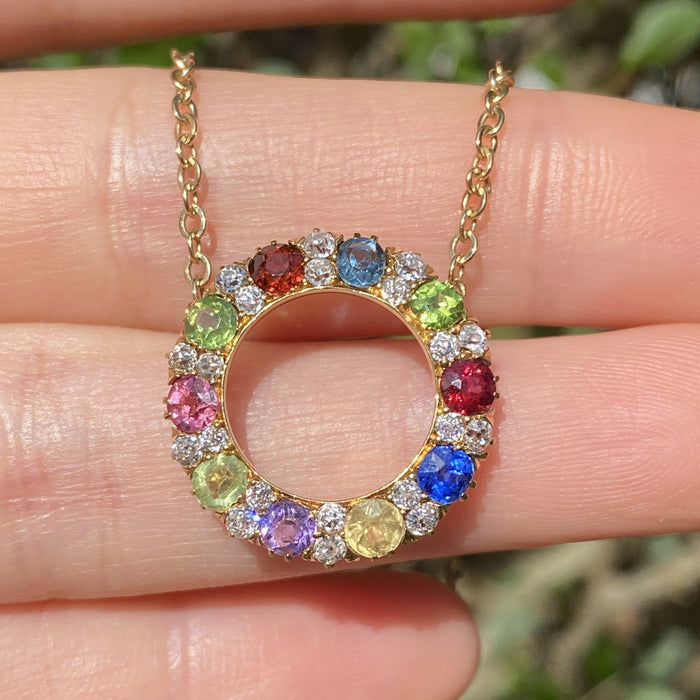 Victorian Harlequin 18K Gold Diamond, Sapphire, Peridot Circle Pendant, Antique Rainbow Necklace