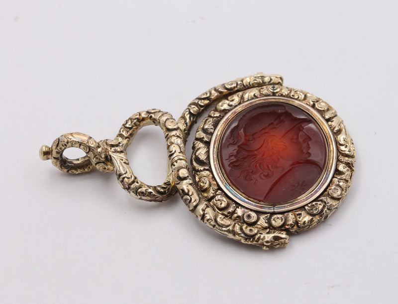 Large Early Victorian Heavily Chased 14K Gold and Carnelian Intaglio Spinner Pendant