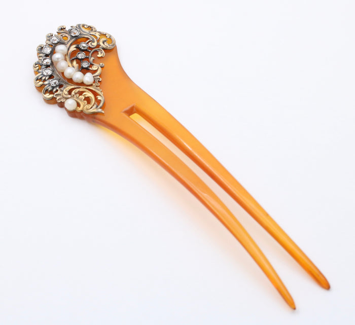 Art Nouveau Diamond, Pearl, and Silver Gilt Hair Comb