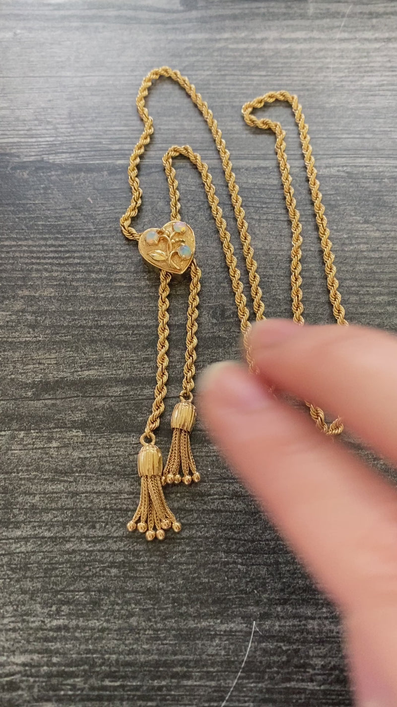 Vintage 14K Gold Rope Chain and Tassel Lariat with Opal Heart Slide