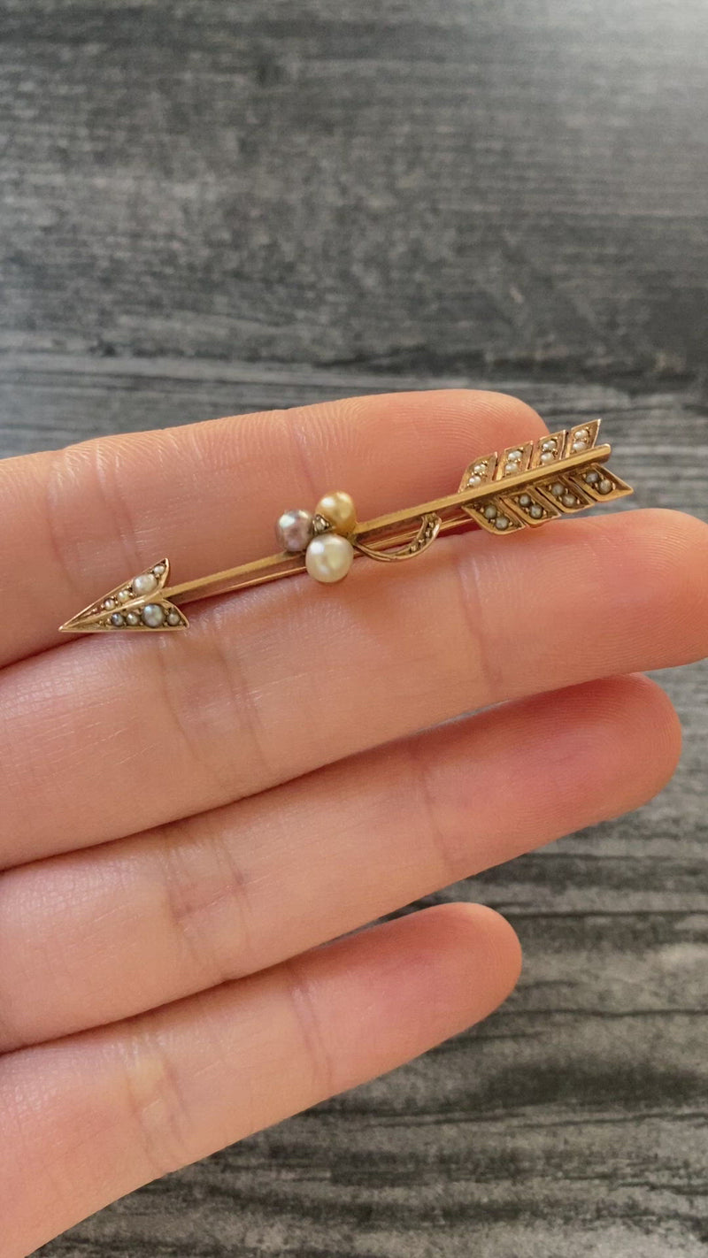 Antique Rose Cut Diamond, Pearl, 14K Gold Arrow Pin