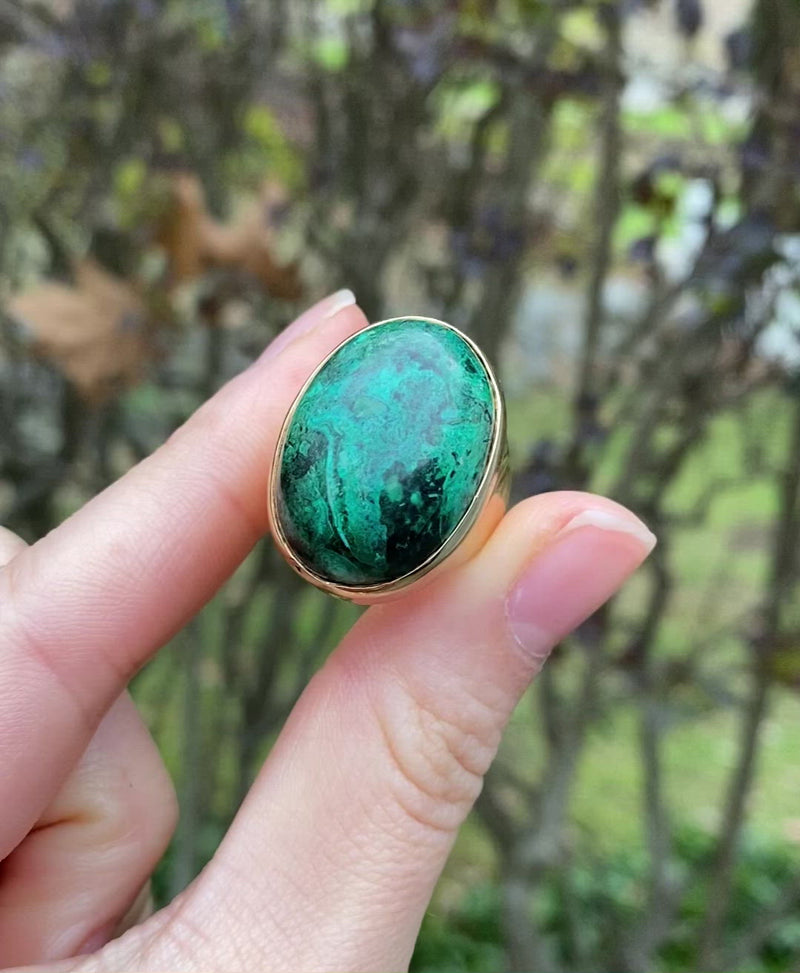 Large Vintage 14K Gold and Chrysocolla Signet Style Ring, 26.5 Grams