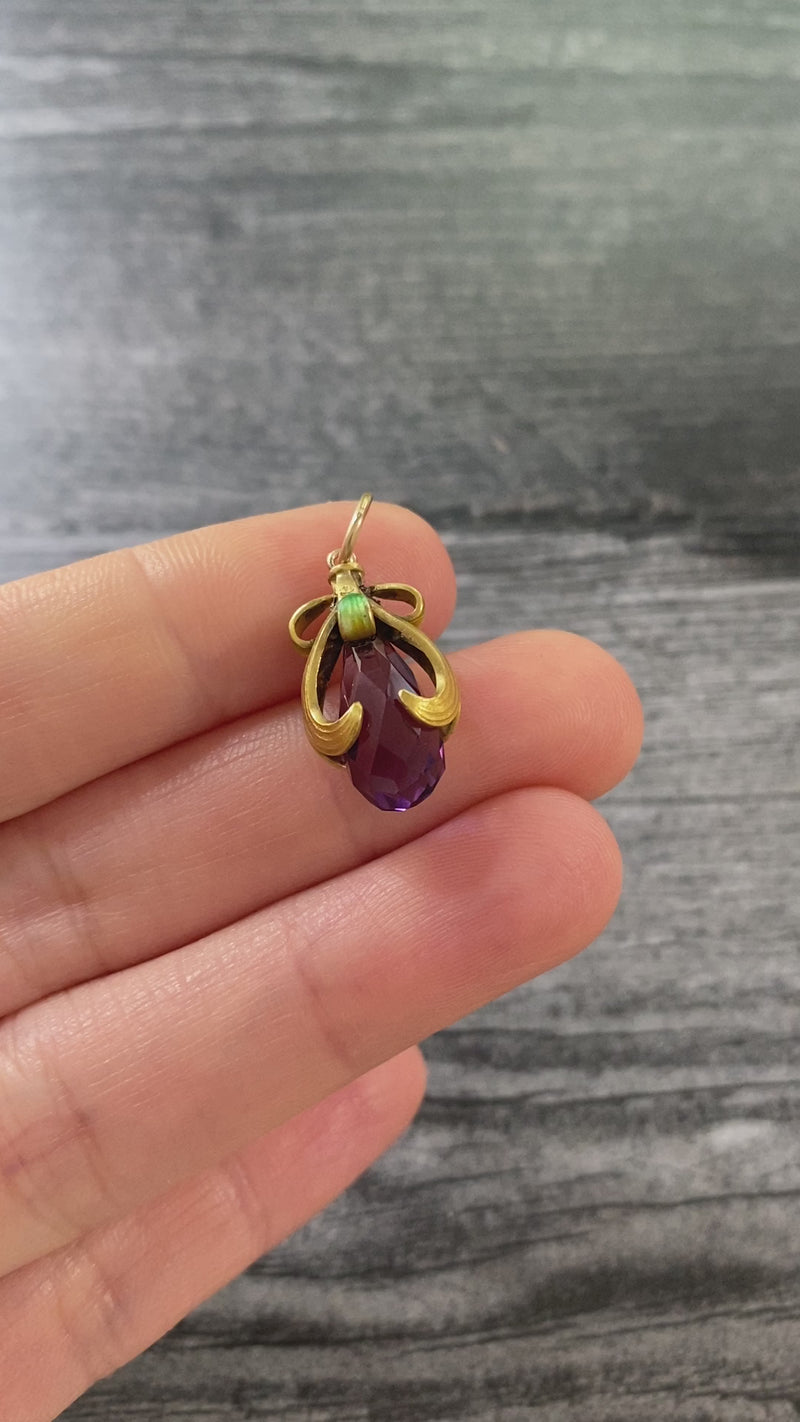 Art Nouveau Amethyst Briolette, Enamel, and 14K Gold Swirl Charm