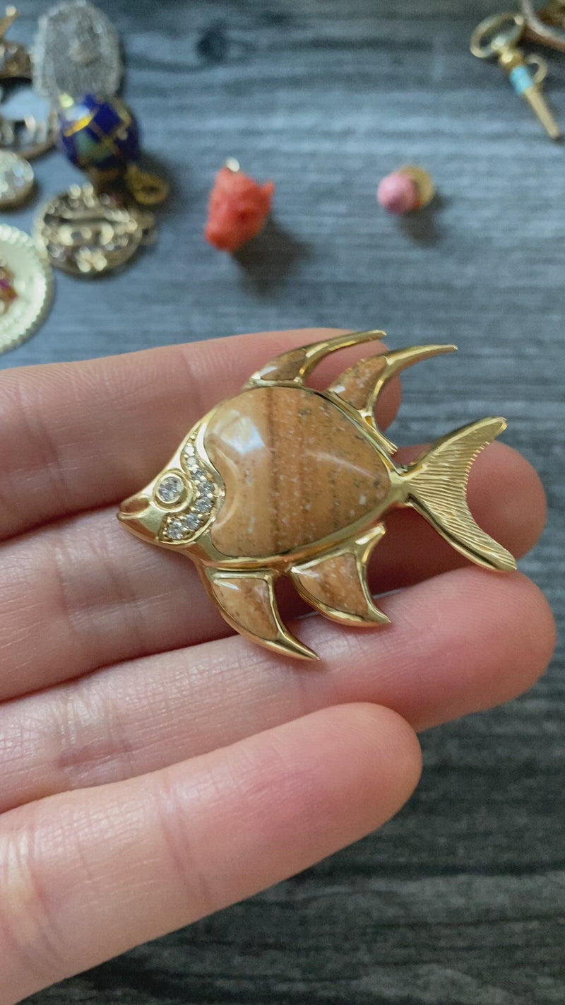 Vintage 14K Gold, Diamond, and Carved Agate Tropical Fish Pin, Brooch