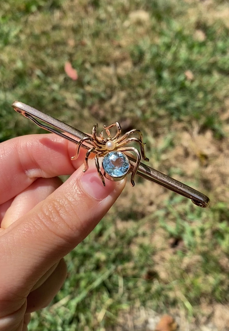 Antique Aquamarine, Pearl, and 9K Gold English Spider Bar Pin – Alpha &  Omega Jewelry