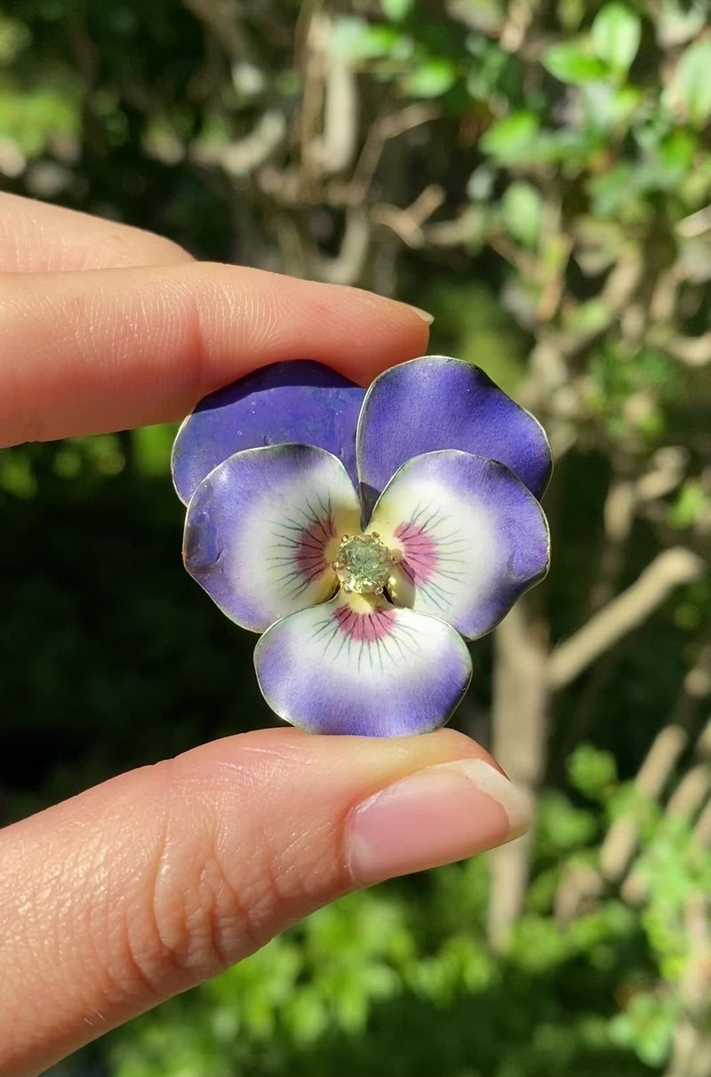 Large Art Nouveau 14K Gold Violet Enamel Pansy Brooch Pin, Antique Pendant