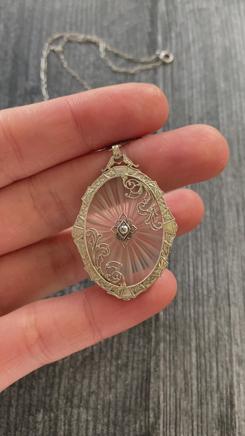 Art Deco Camphor Glass and Diamond 14K Gold Lavalier Necklace