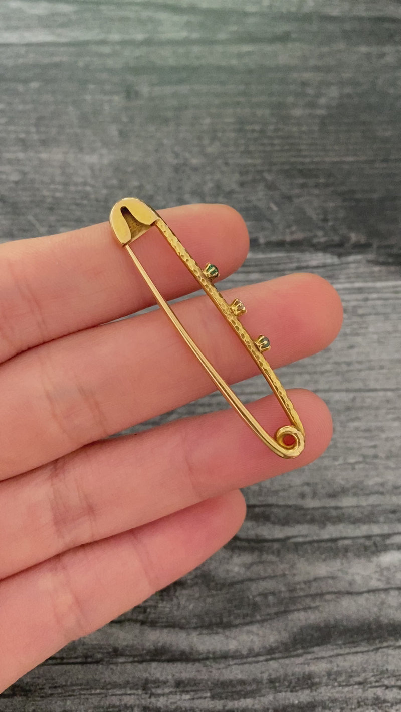 Vintage 18K Gold, Diamond and Emerald Safety Pin, Chain Extender, Charm Enhancer