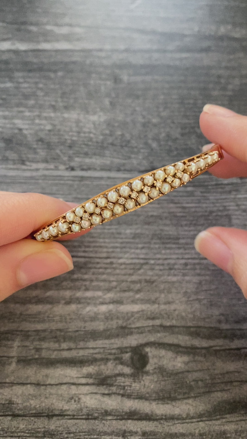 Vintage Pearl and Diamond 14K Gold Bangle Bracelet