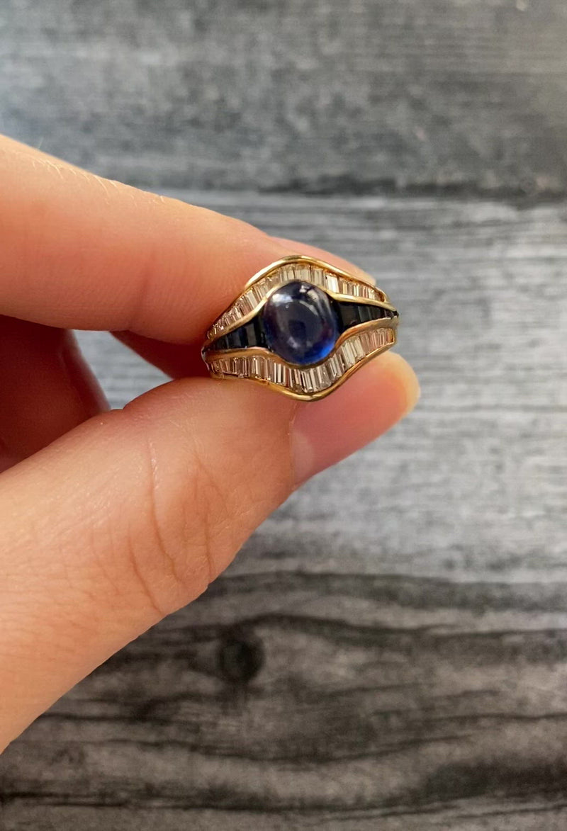 Vintage Sapphire and Diamond “Eye” Shaped 18K Gold Dinner Ring